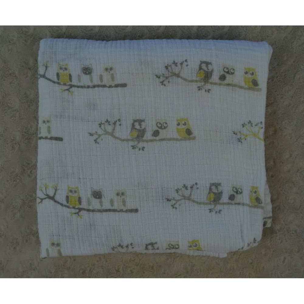 Lollypop Owl Baby Blanket Muslin Swaddle White Yellow Gray 3 Owls on a Branch